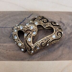Vintage Signed Roman Brass Tone Double Heart Filagree Brooch With Rhinestones
